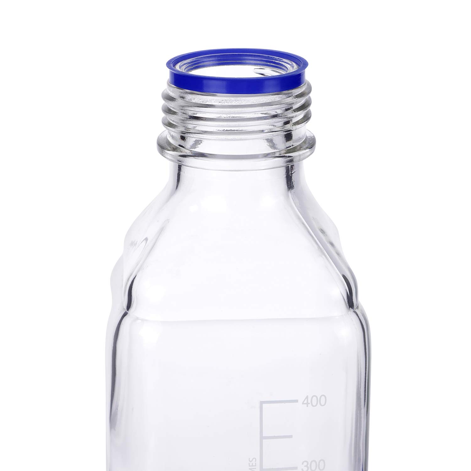 Moonetto - Botella de cristal cuadrada graduada Pyrex de 500 ml, con tapón de rosca de polipropileno azul GL45 (paquete de 8)