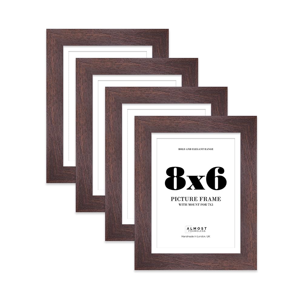 8x6" Walnut Frame With Mount for 7x5" Pictures 28mm Edge Portrait and Landscape Display with Wall Hooks and Kickstand, 4 Pack