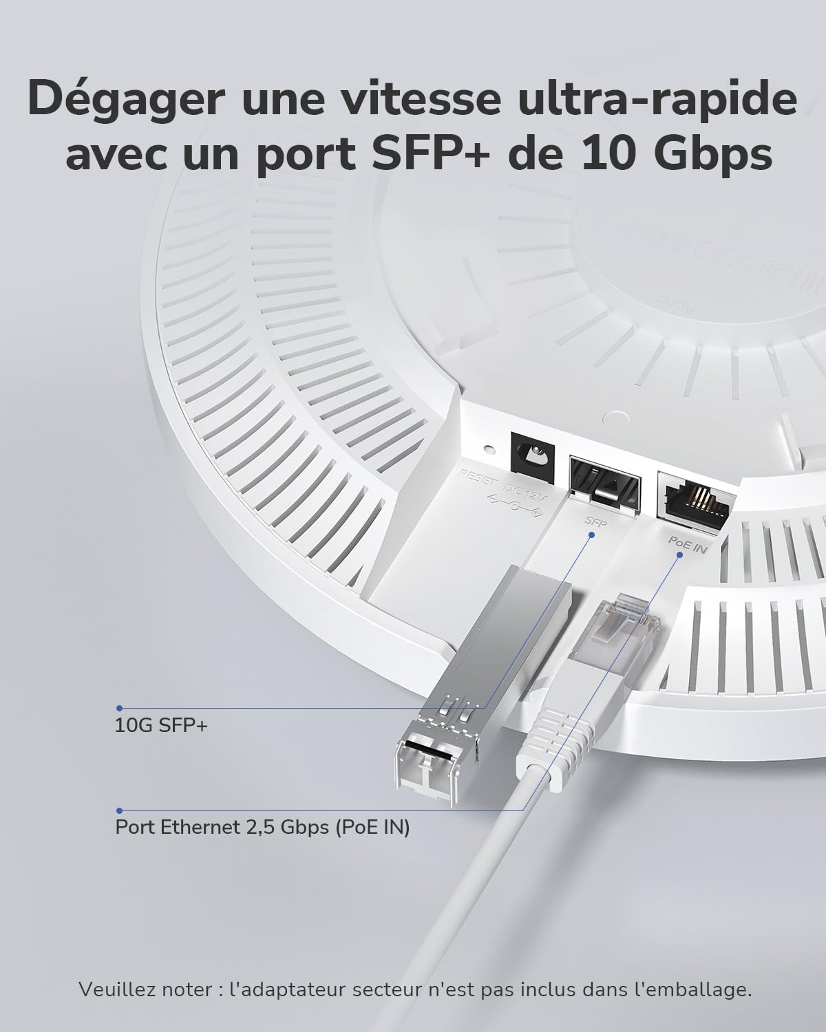 Cudy BE11000 Point d'accès sans Fil Wi-FI 7 tri-Bande, 1 Port SFP+ de 10 Go, PoE-in 2,5 G, contrôle et Maillage par Application Cudy AP11000, Alimentation PoE/DC (Le Produit ne Comprend Pas), AP11000