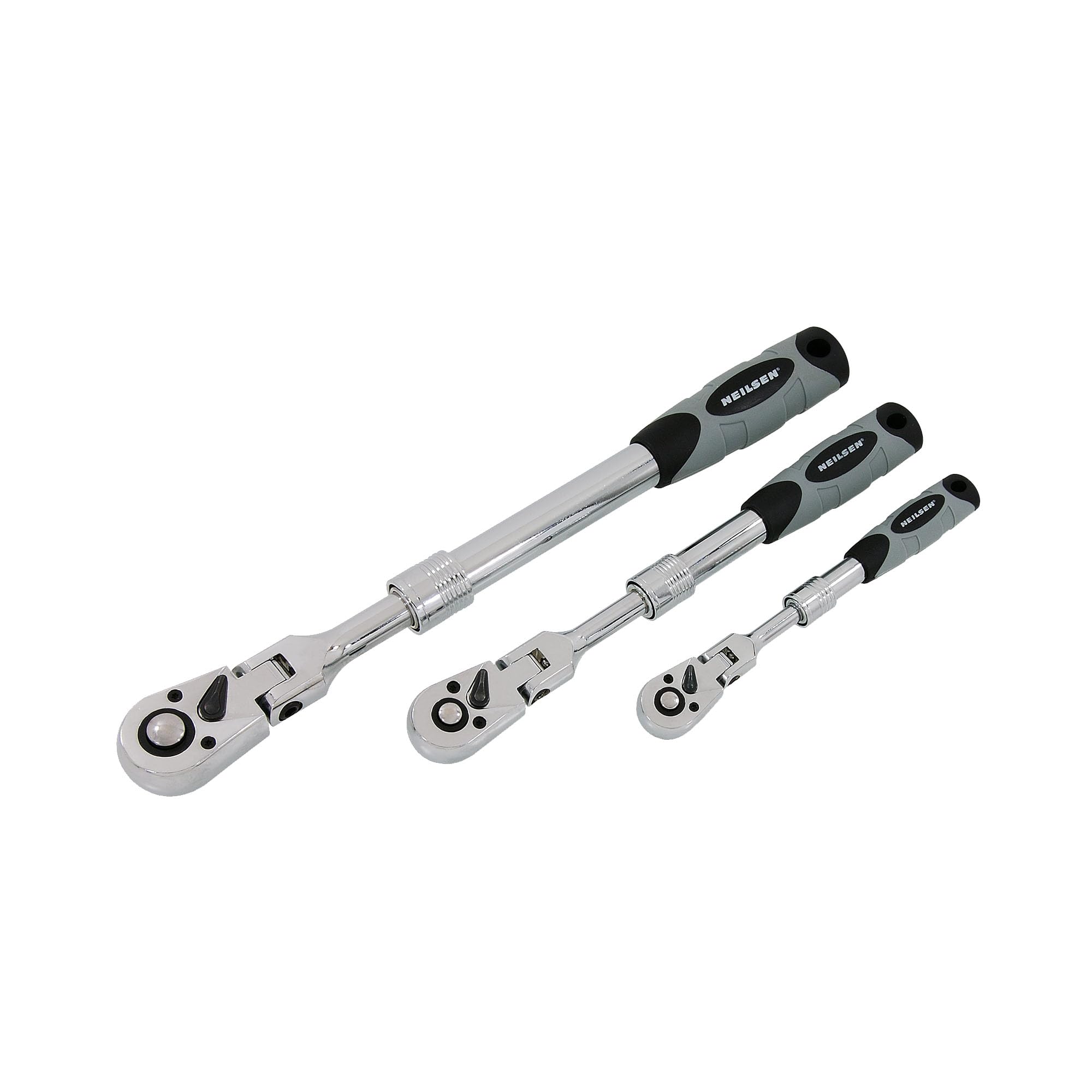 Neilsen CT5797 Juego de trinquetes extensibles 3 piezas cabezal giratorio 18 grados accionamiento 1/10.2 cm 3/20.3 cm 1/5.1 cm mecanismo 72 dientes