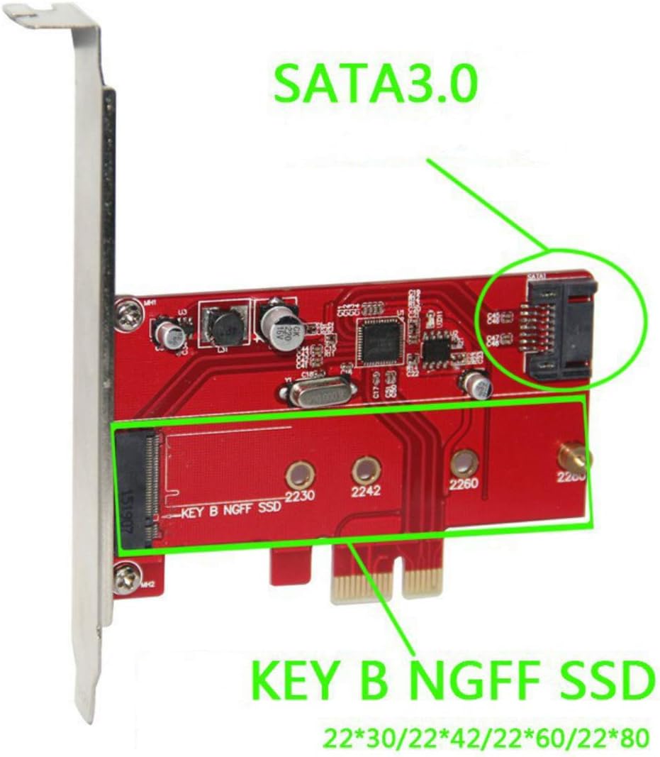 JMT Desktop PCI-E 2.0 to Key B (NGFF) / SATA 3.0 B-Key Transfer Card for 2230/2242/2260/2280