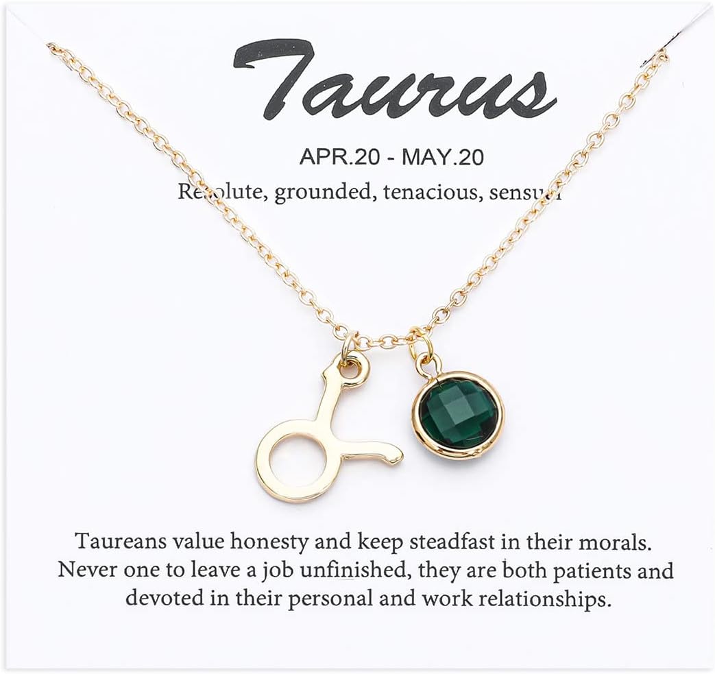 - 14k Gold Plated Zodiac Birthstone Crystal Pendant Necklace, Horoscope Sign Charm Necklace for Women Birthday Gift