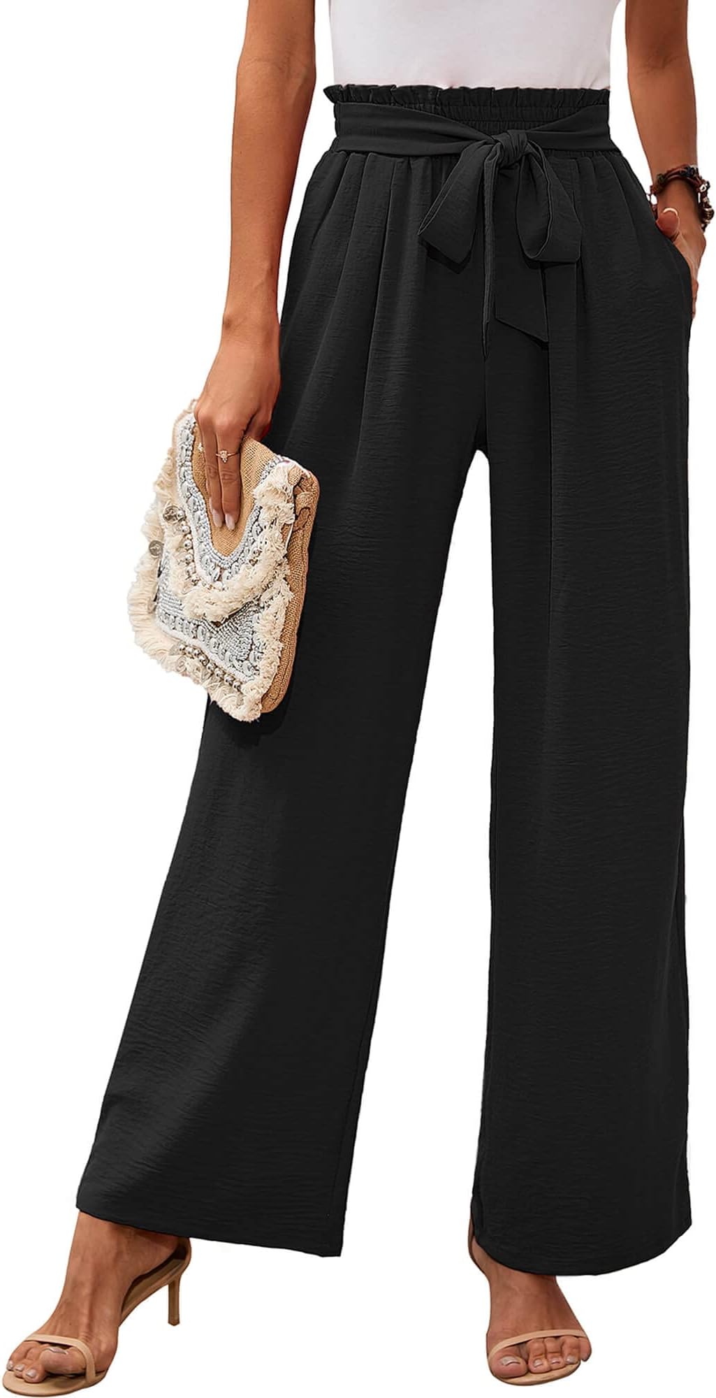 Women's Wide Leg Lounge Pants with Pockets Lightweight High Waisted Adjustable Tie Knot Loose Trousers