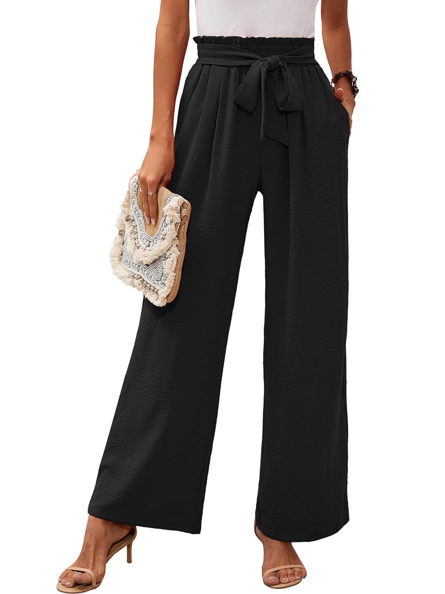 Heymoments Wide Leg Pants for Women High Waist Tie Knot Trousers Pants For Women, Palazzo Business Trousers, Loose Paper Bag Slacks, Lightweight Women's Pants, Tie Bow Flowy Trousers