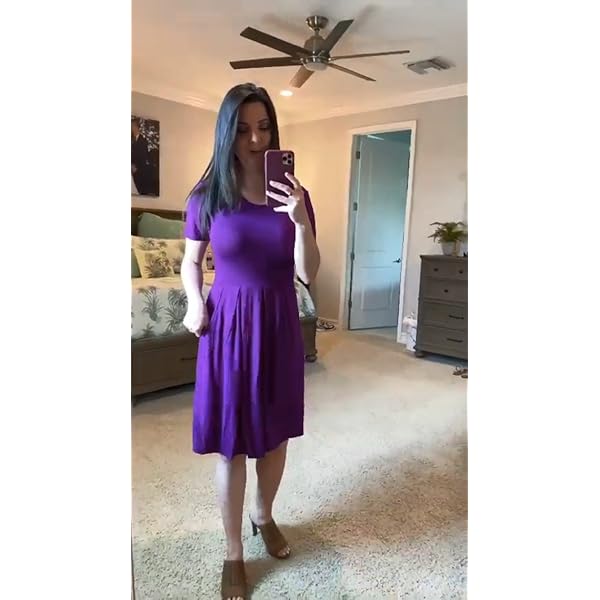 DouBCQ Women's Casual Short Sleeve Flowy Pleated Loose Dresses with Pockets (Black, L)