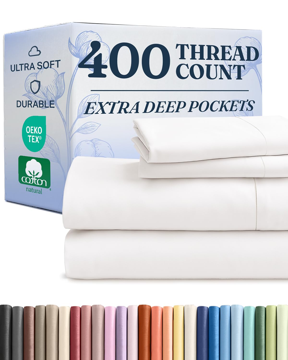 cgk unlimited extra deep pockets 400 thread count 100% cotton 4 piece bedding sheet set - breathable & cooling - hotel luxury bed sheets set- soft, wrinkle free & comfy, king, white