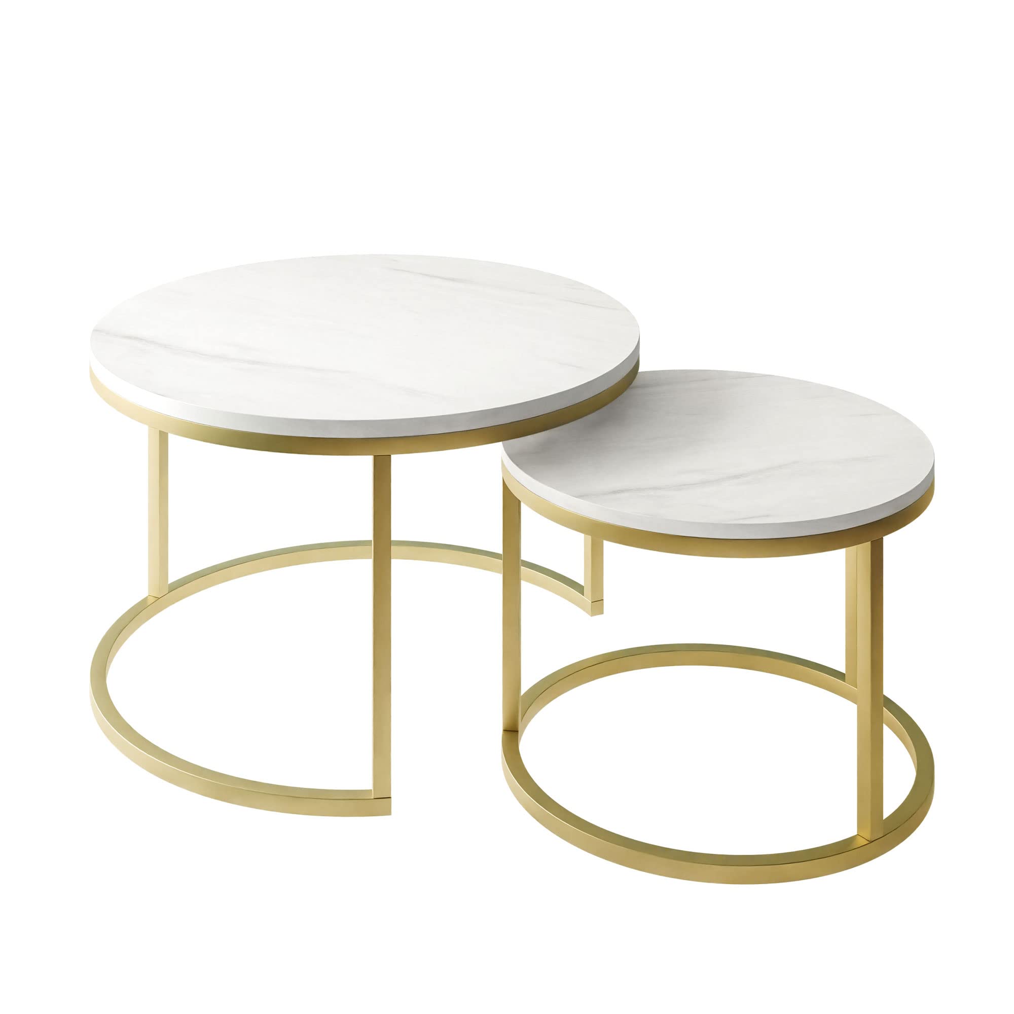 lukmebel Ciri Ronde 2-In-1 Salontafel - Set Van Twee Stuks - Bijzettafels Woonkamer - 70x48x70/80cm & 50x42x50/60cm - Levanto Marmeren Bladen Op Zwart Metalen Onderstel