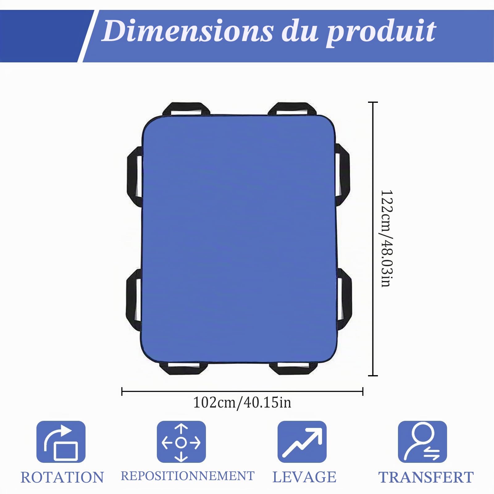 Planche de transfert pour élévateur de patients, 122 x 102 cm, avec 8 poignées, chiffon coulissant pour personnes alitées, avec poignée pour personnes en surpoids, personnes âgées et patients, bleu