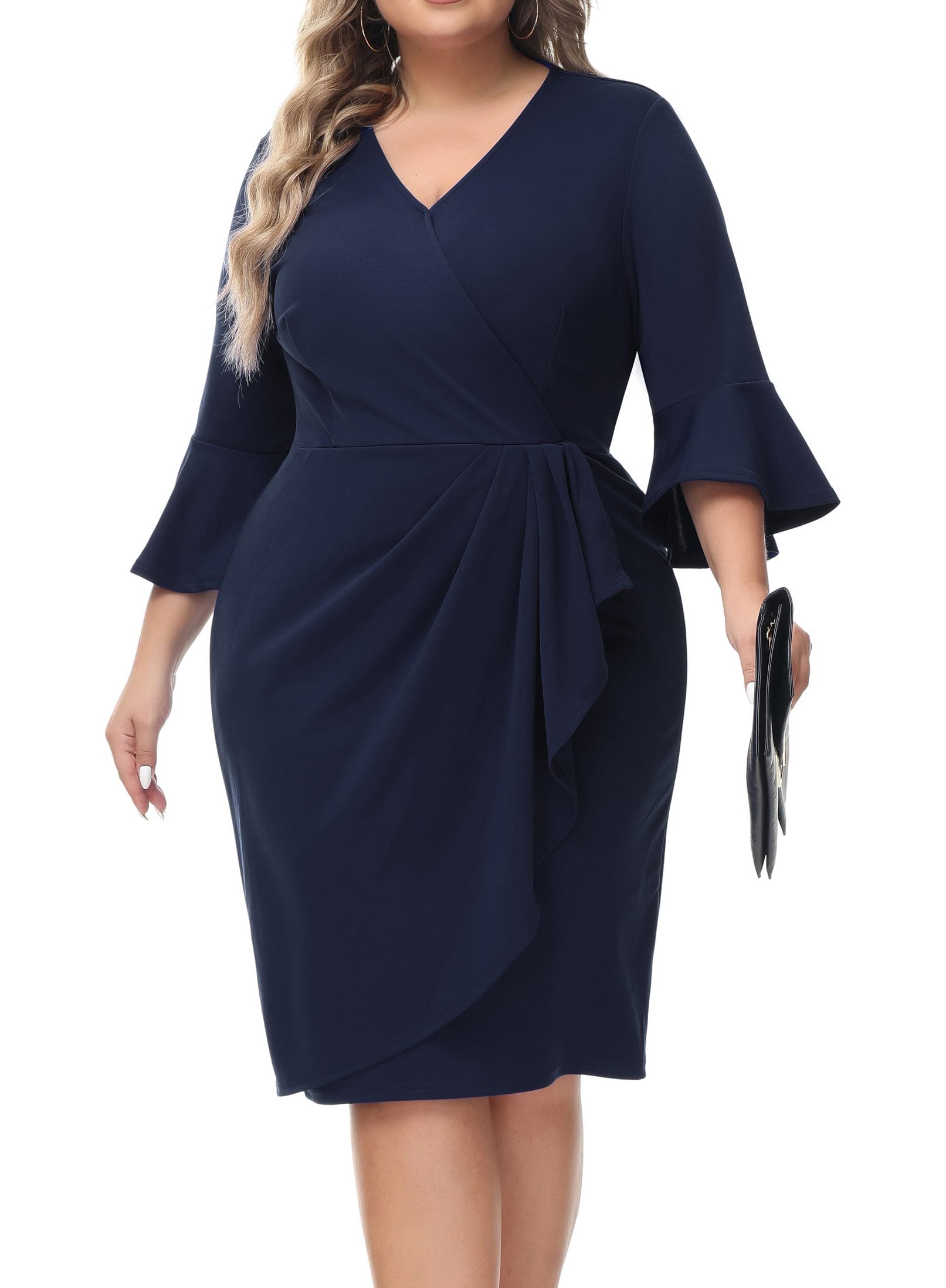 Hanna Nikole Vestido de cóctel para mujer, tallas grandes, manga 3/4, cuello en V, informal, vestido de noche, elegante