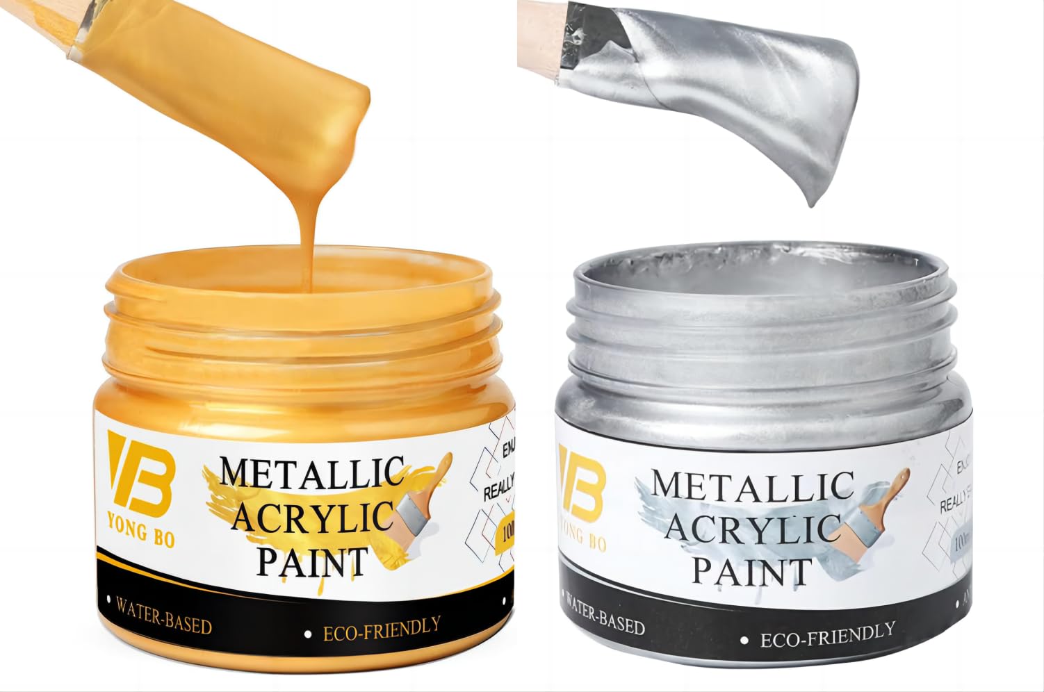 Metallic Acrylic Paint, Silver and Gold Paint Set, Acrylic Craft Paint for Arts, Wood, Stone, Glass, 2 Bottles (100 ml/Bottle)