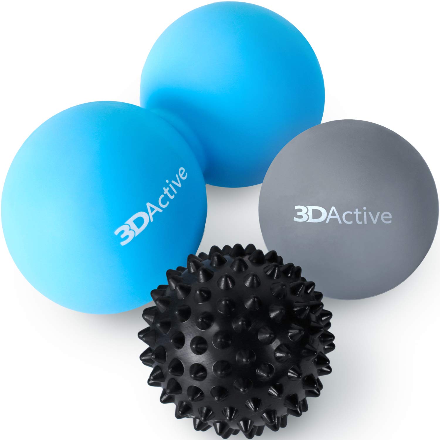 3DActive Massageball Set für Tiefengewebsmassage, Triggerpunkttherapie, Plantarfasziitis, myofasziale Entspannung, Mobilität und Muskelerholung, Grau, Blau)