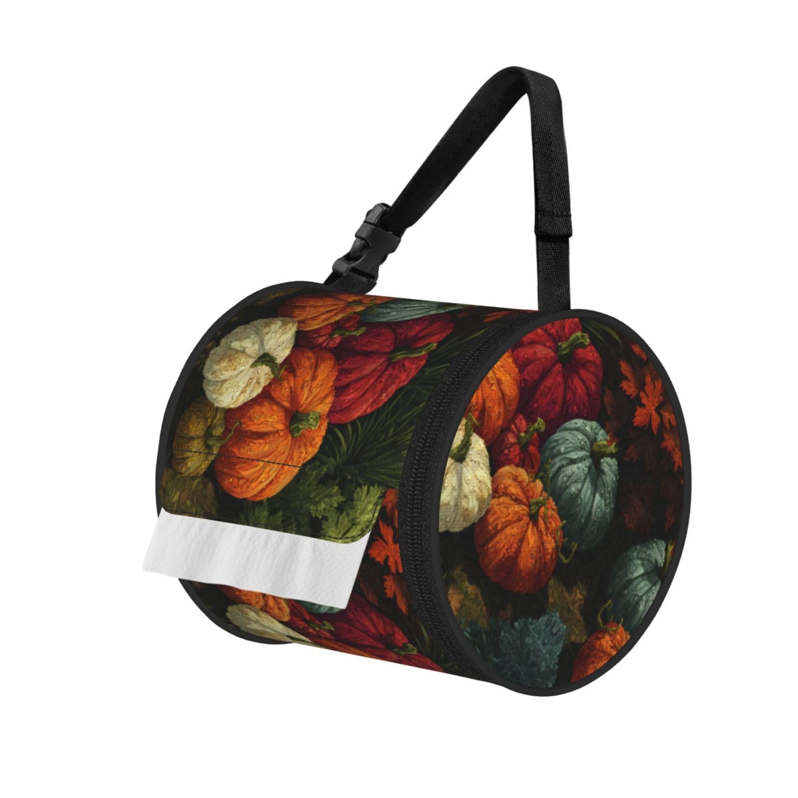 Fall Pumpkins Printed Cylindrical Tissue Bag Portable Oxford Cloth, Foldable Travel Tissue Holder With Zipper And Adjustable Belt