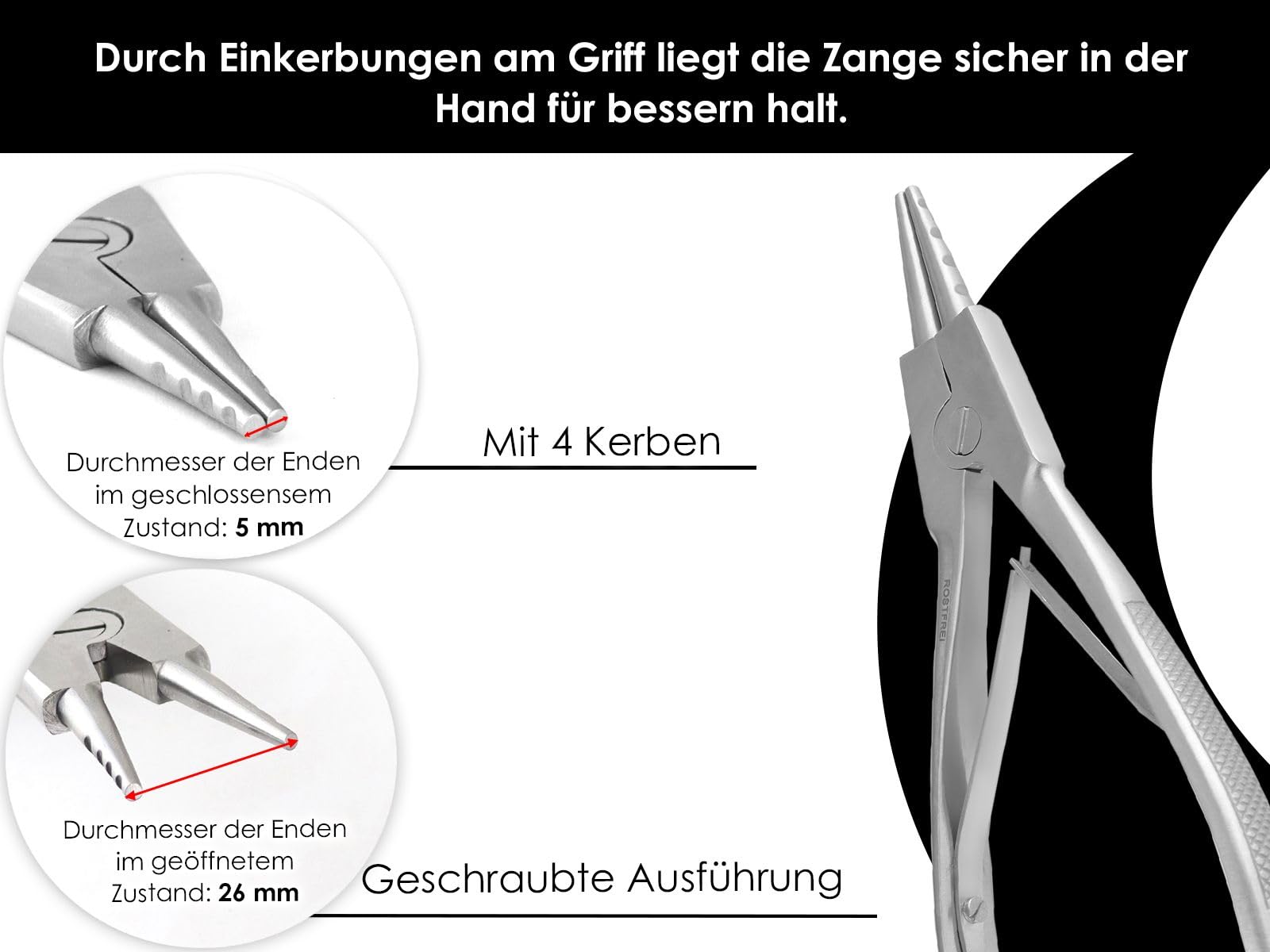 InstrumenteNrw Ringöffnungszange für Piercing Klemmringe als Piercingzange mit 4 Kerben Ringöffner Zange mit Doppelfederung aus Edelstahl 16 cm