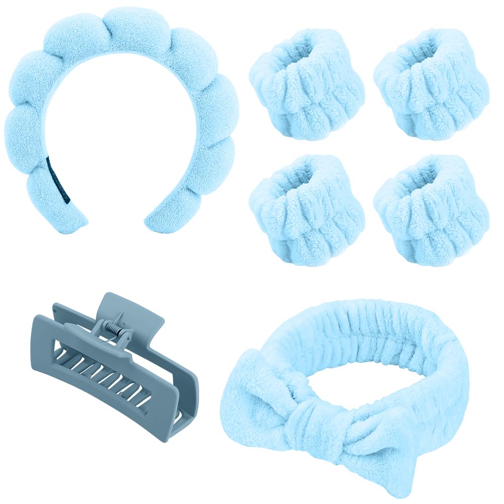 7 Pcs Spa Headband Set including Makeup Wristband, Hairpin & Bow for Face Wash Skin Care, and Shower Hair Accessory (Blue)