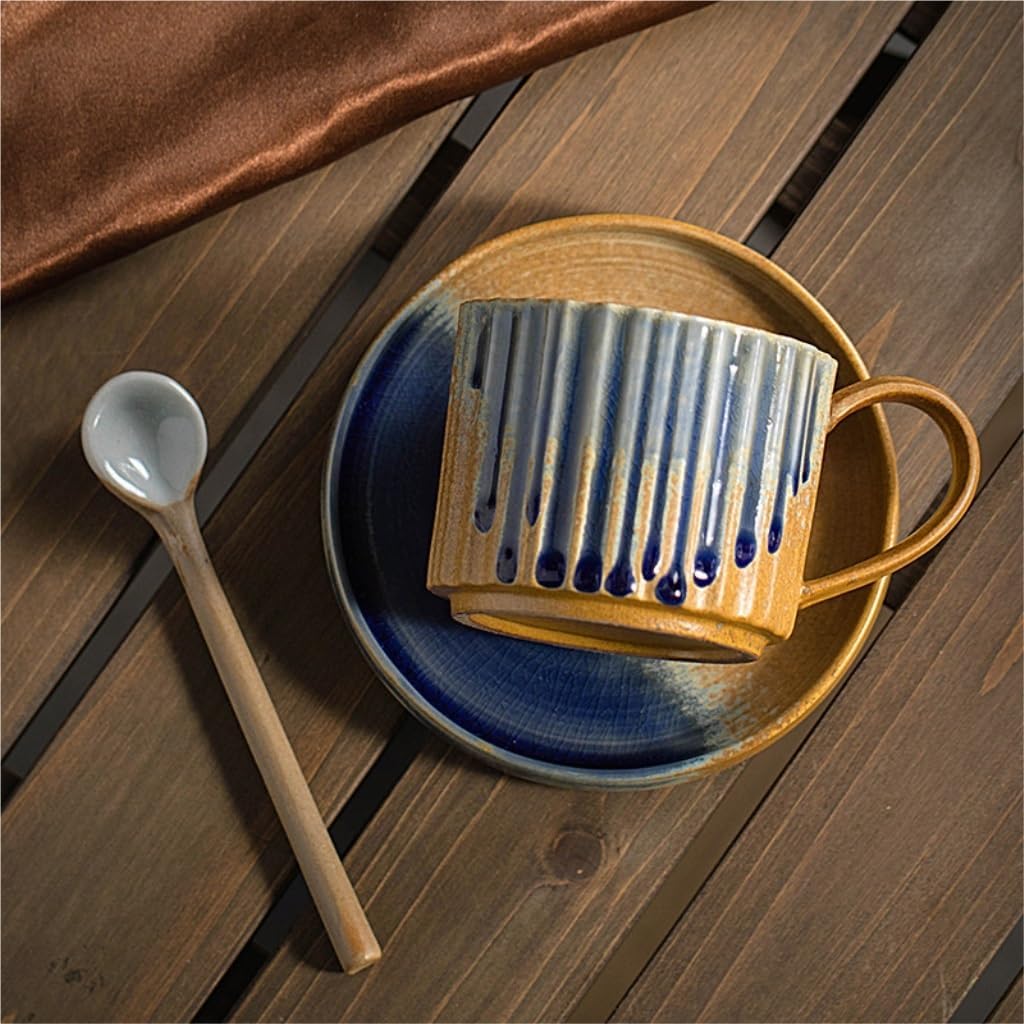 Coffee cup set Ceramic coffee cup and saucer set, retro mug, home restaurant, creative latte art, water cup with spoon(D)