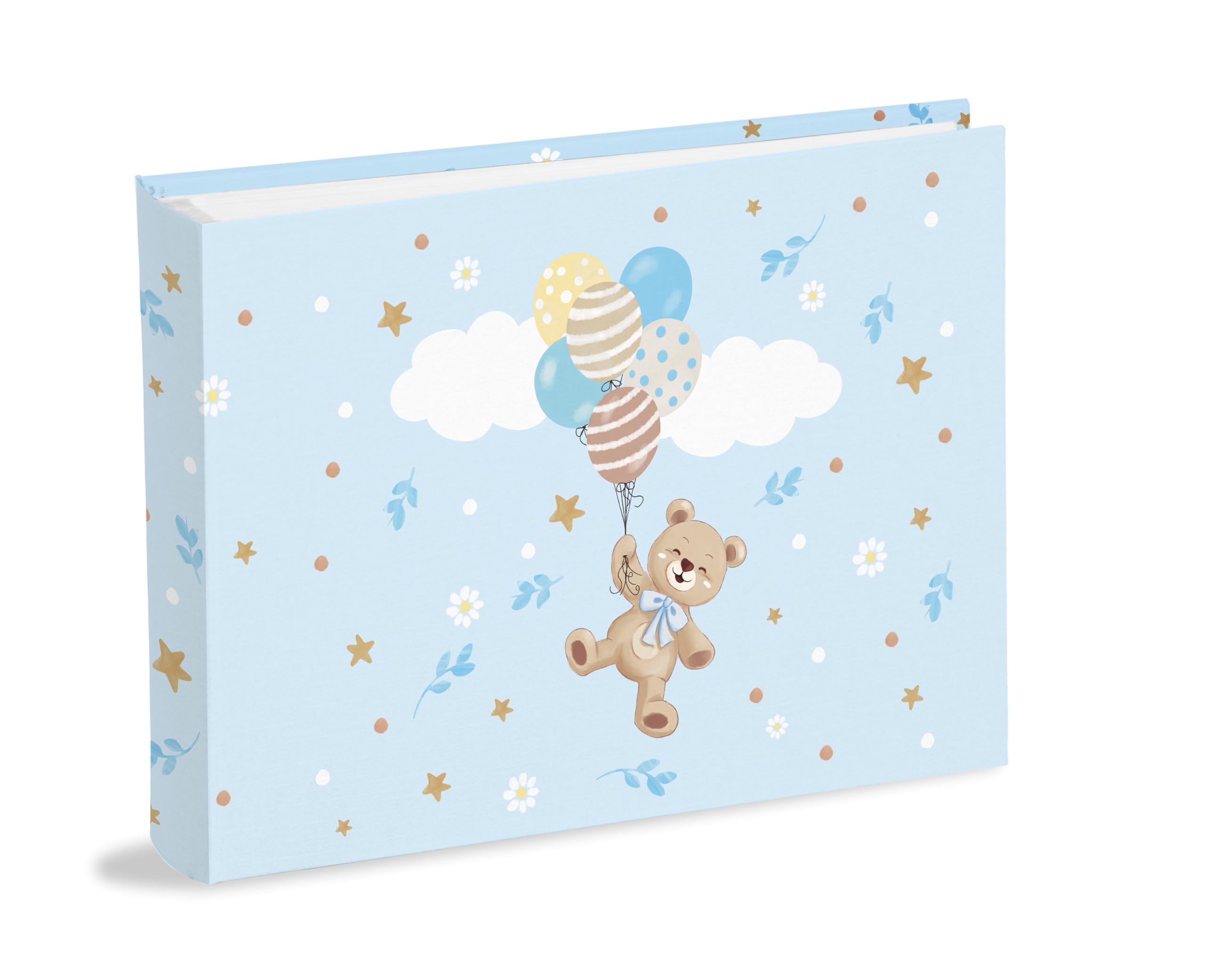 Album 20 x 16 cm with 30 White Sheets (60 Pages) in Thick and Durable Cardboard Intervaled with Pergamino Laminated Paper Cover, Light Blue Bear