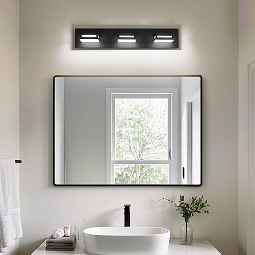 Miniatura 7 de Lámparas LED modernas para tocador (3 lámparas, 24 pulgadas), accesorios de iluminación para pared de baño acrílico negro mate sobre espejo (blanco