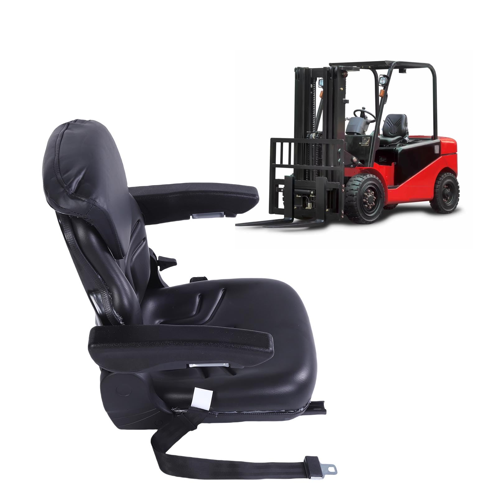 RiToEasysports Uniwersalne Siedzenie do Wózka Widłowego, Siedzenie do Traktora ze Skóry PCV z Zagłówkiem, Podłokietnikami, Pas Bezpieczeństwa, Oparcie od 30 180 Stopni, Szyna ślizgowa 8 Cm, łado