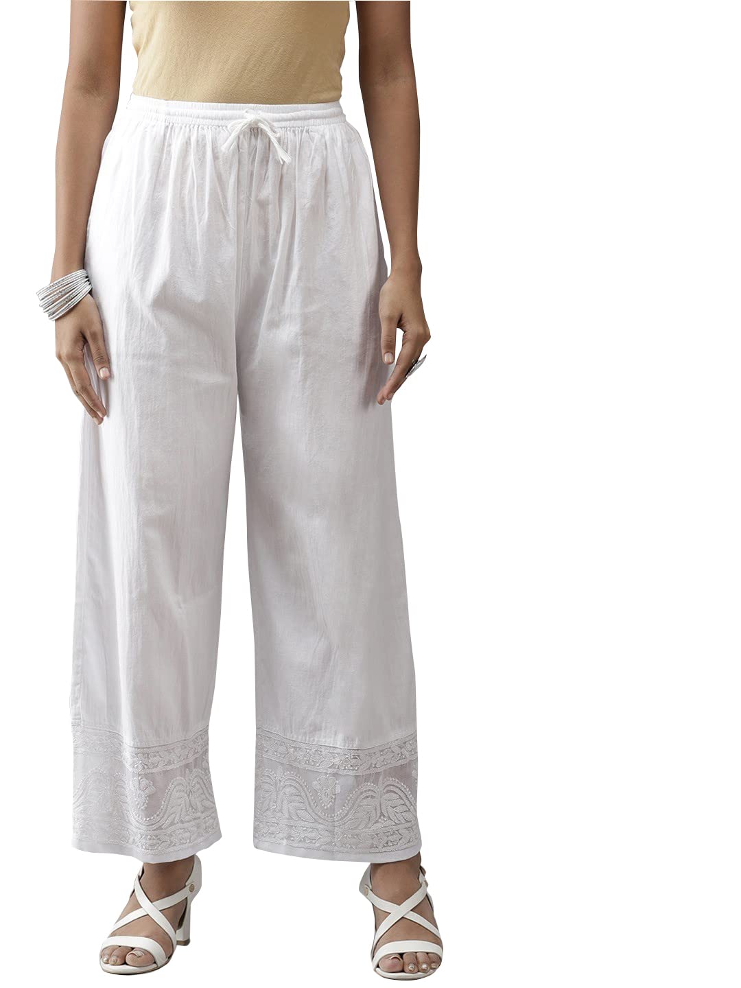 Women & Girls High Rise Hand Embroidered Lucknowi Chikankari Cotton Loose Palazzo Pant A711139-image-13