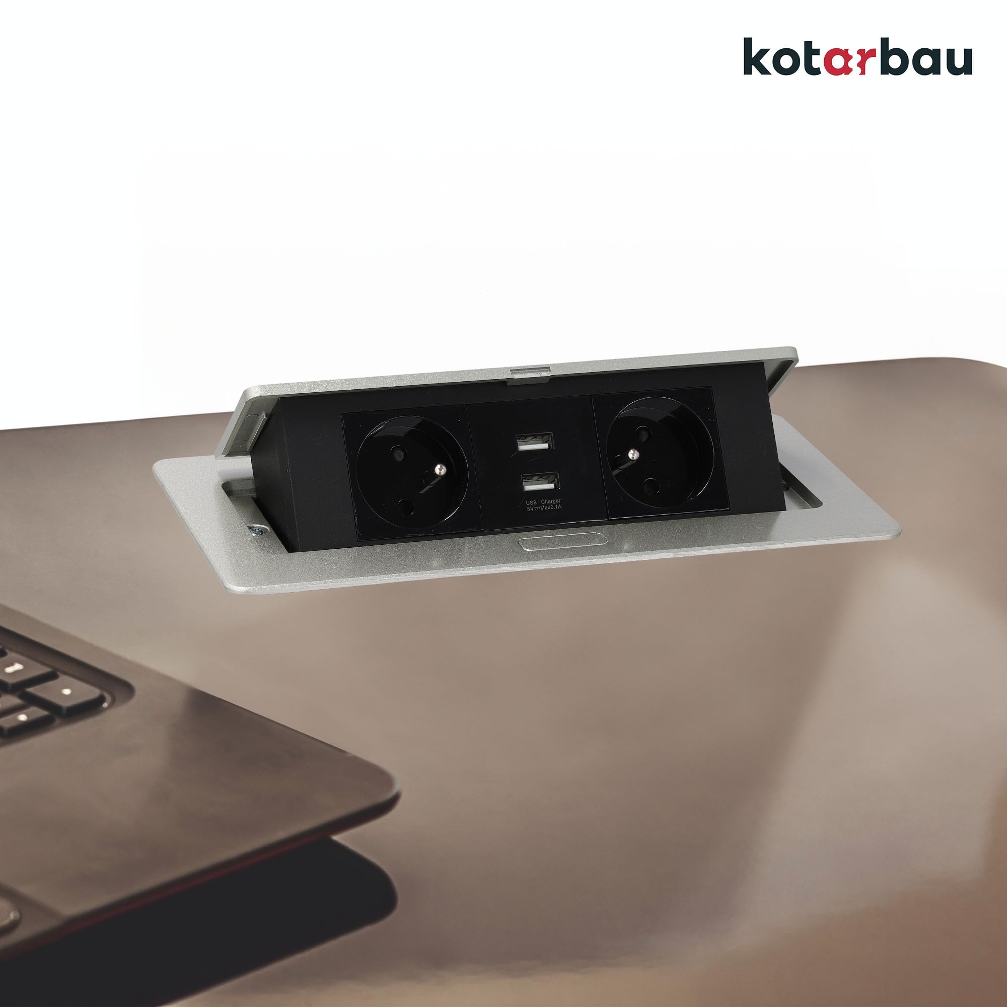 KOTARBAU® - Ciabatta elettrica a 2 prese, con porte USB, in alluminio, colore argento