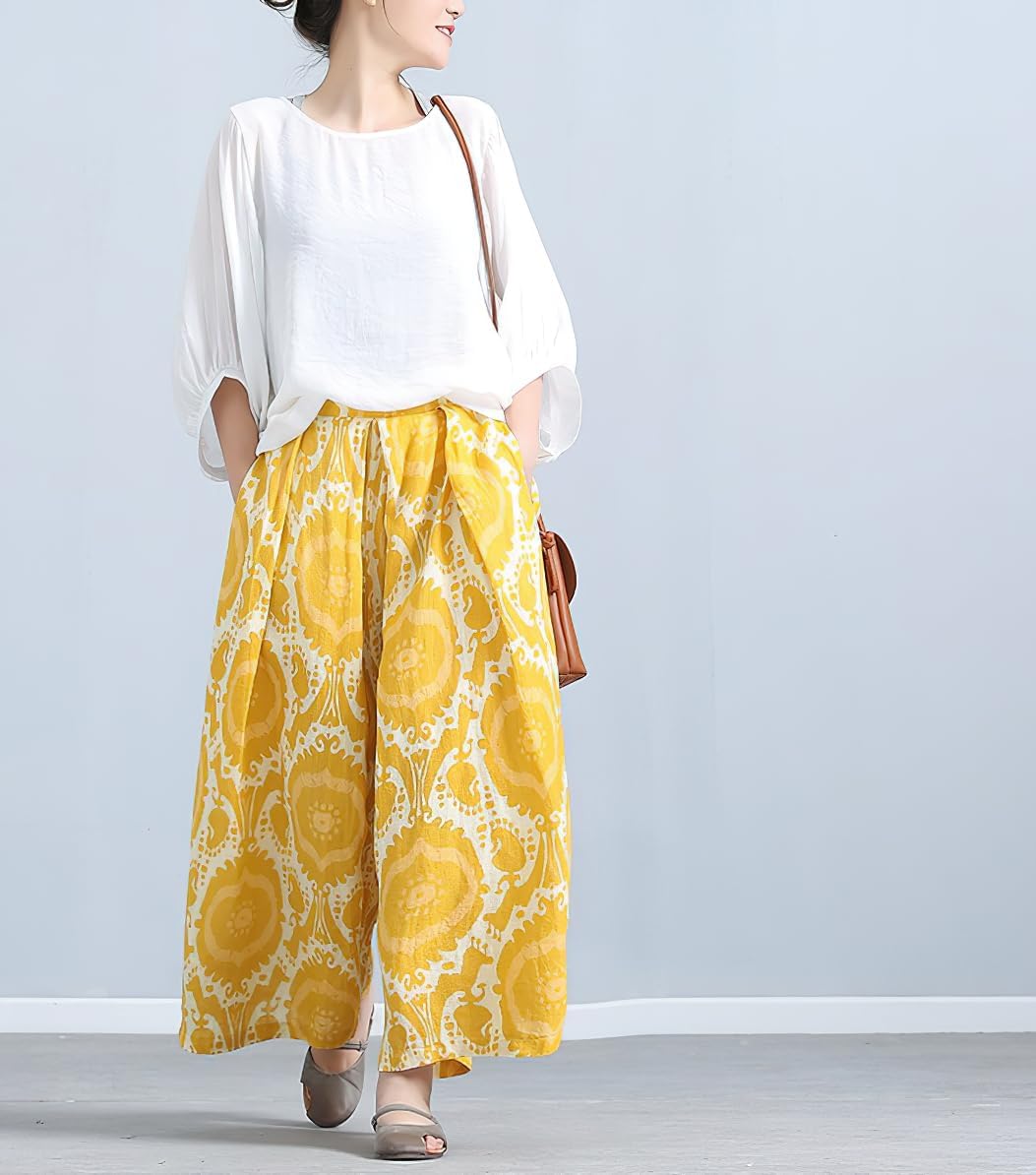 CHOUYATOU Women's Loose Floral Printed Cotton Crop Pants Elastic Waist Wide Leg Palazzo Trousers - Image 6