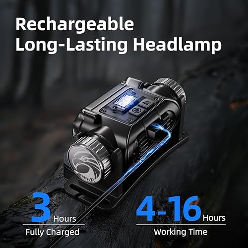 Miniatura 3 de WARSUN Linterna frontal LED recargable  1500 lúmenes, ángulo ajustable, aleación de aluminio y ABS, IPX6 resistente al agua, indicador de batería,