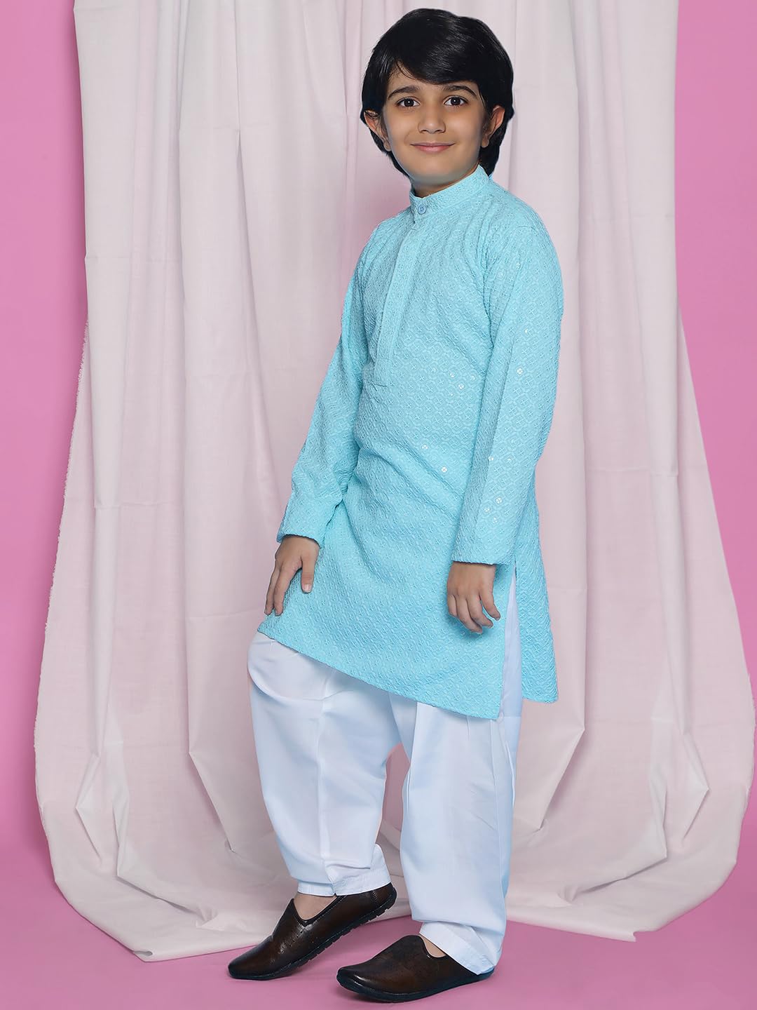 AJ DEZINES Boys Cotton Striped Ethnic Kurta Pajama Set|Full Sleeve Chikankari Kurta with Sequins|Traditional & Festive Outfit|Mandarin Collar,Regular Fit|Special Occasion|SKYBLUE-14,13-14 Years - Image 5 thumbnail