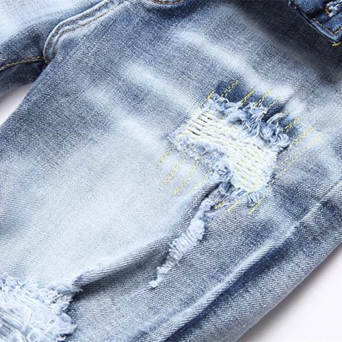 Ripped Jeans Mens, Skinny Jeans Men, Blue Vintage Wash Patchwork Jeans, Classic Casual Outdoor Skinny Ripped Jean,294