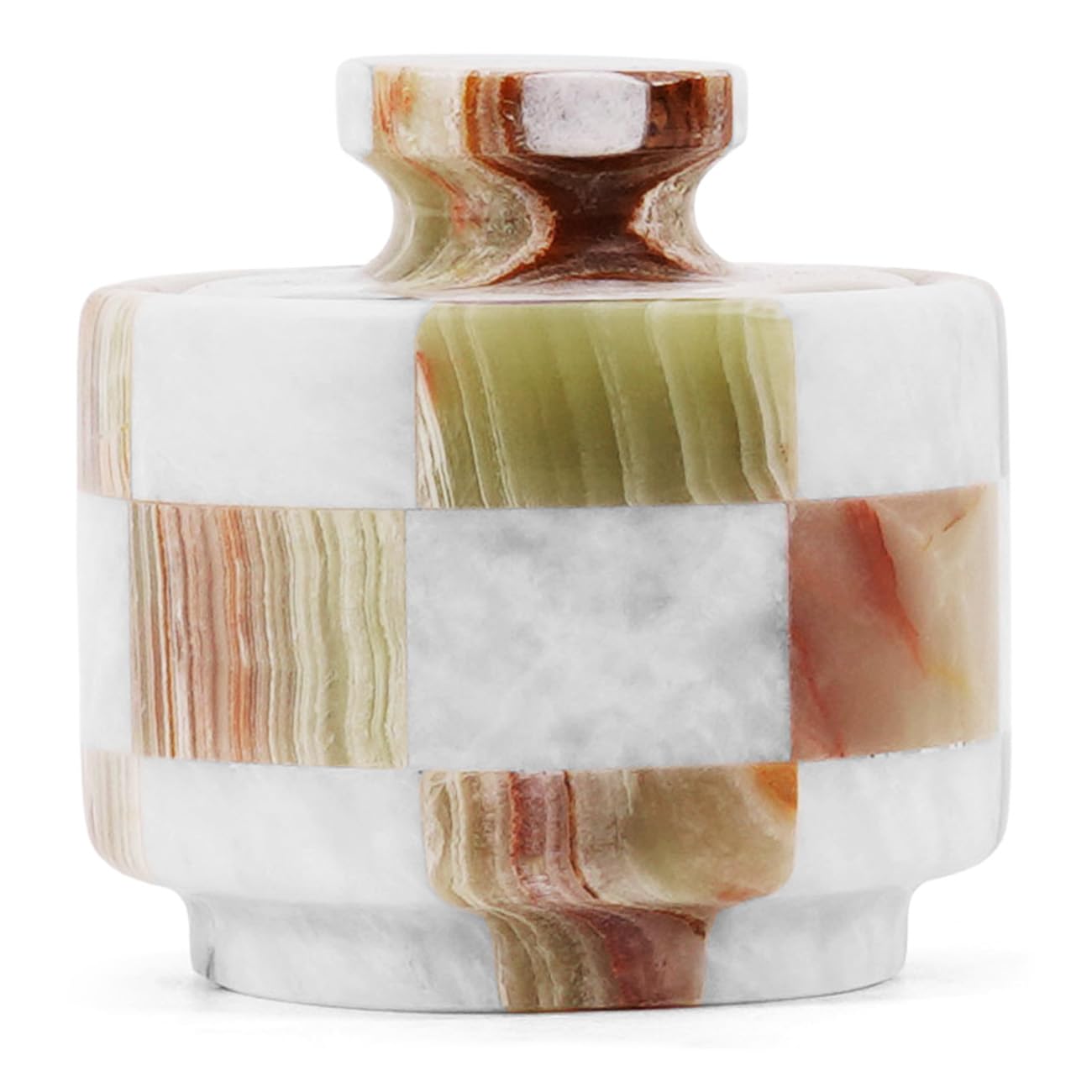 Marmor Salzgefäß mit Deckel, Weiß & Grüner Onyx, 7,6 cm