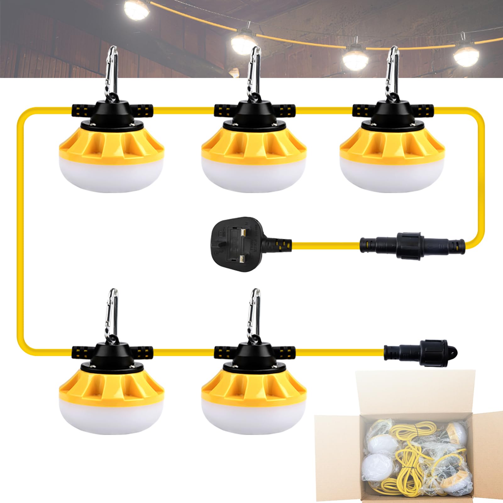 【Grado industriale】 Stringa di luci a LED da lavoro con gancio da arrampicata, luci di sicurezza alimentate da 50 W per giardino, cortile, garage, cantieri, ristrutturazione, passerelle