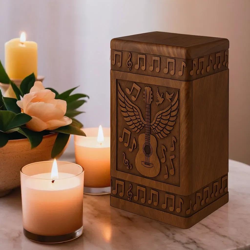 Wooden Cremation Urn for Human Ashes – Handcrafted Rosewood Memorial Box with Guitar Engraving – Music-Themed Funeral Keepsake for Adult Ashes ((Small - 8" Hx4.75 W (115 Cu/in))