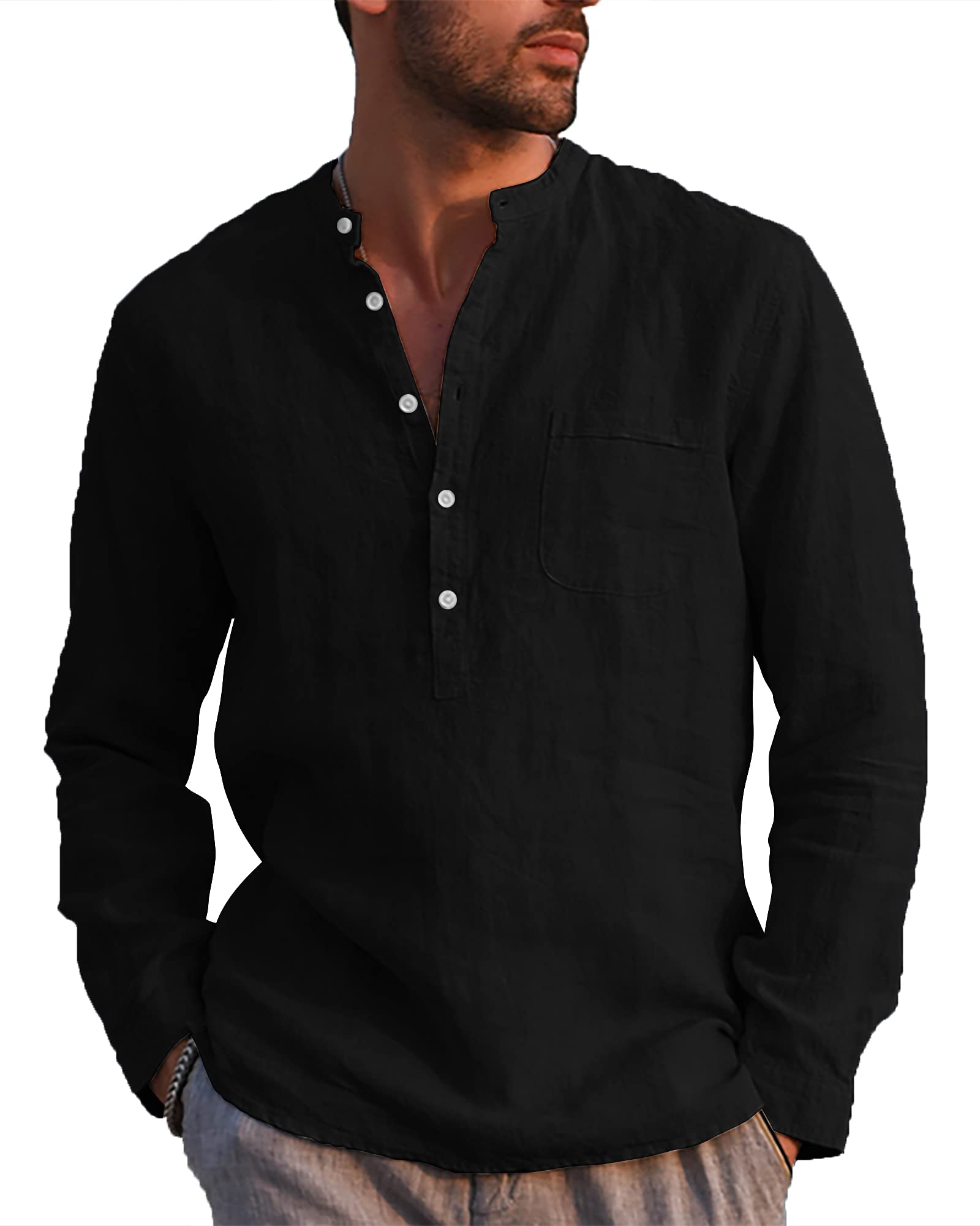 LVCBL Camisa de Lino Casual para Hombre Camisa Henley de Manga Larga con Cuello de Banda