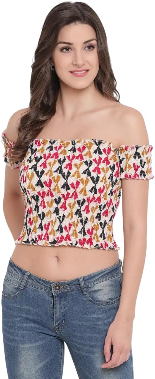 Bigdave Women's Rayon Printed Off-Shoulder Smocked Crop Top Short Sleeve Casual Styles Tank Top (Free Size) Multi31