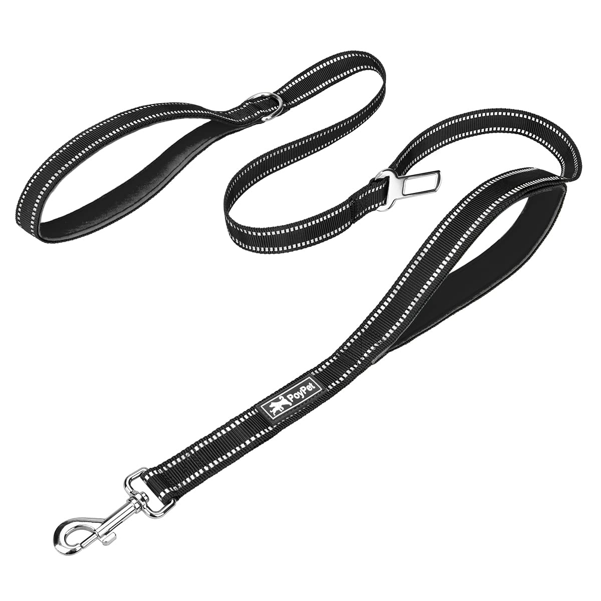 PoyPet 5 Feet Dog Leash - 3M Reflective - 2 Cushioned Handles - Functional Car Seat Belt(Black)