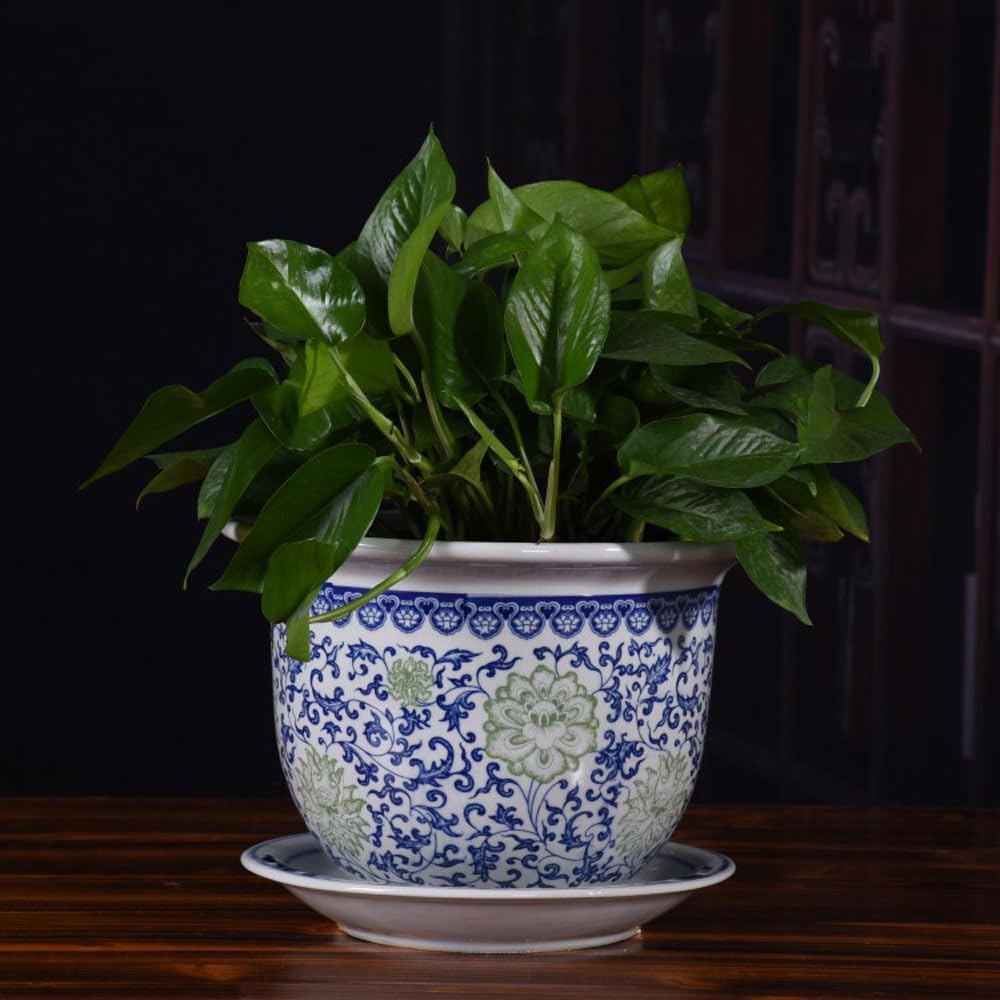 asdchZen Blue And White Porcelain Flowerpot Ceramic Ink Dish White Ceramic Planter Chinese Vintage Planter Plants Pots House Plant Pots Gardening Supplies Flower Pot Bonsai,White-23cmx16cm