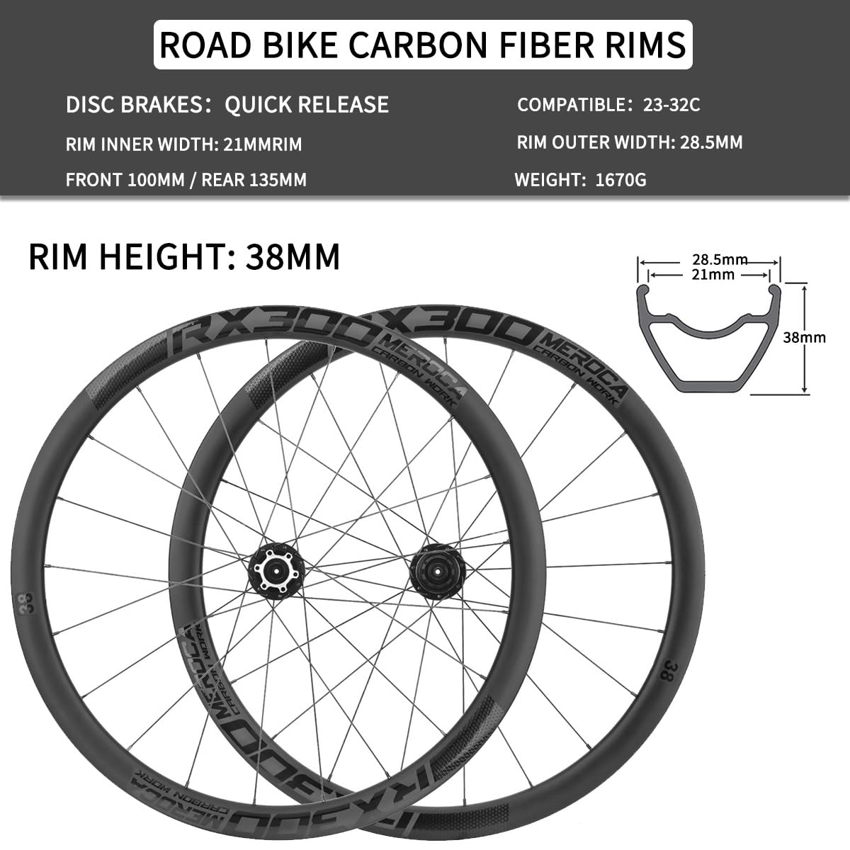 Juego Ruedas Carretera Fibra Carbono 700C Freno De Disco 35/38/42Mm Cierre Rápido 100/135Mm Eje Pasante 100/142Mm Llantas Aleación Aluminio 8-12 Velocidades(Quick Release,38mm)