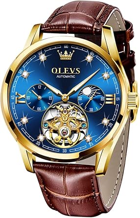 OLEVS Mens Leather Watches Automatic Mechanical Skeleton Tourbillon Diamond Luxury Self Winding Dress Wrist Watches Moon Phase Waterproof Luminous