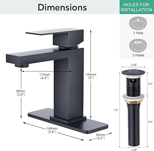 Miniatura 7 de Faustina Grifo de baño negro de 1 agujero, grifo de baño de un solo orificio con ensamblaje de drenaje desplegable, grifo de tocador central, grifo