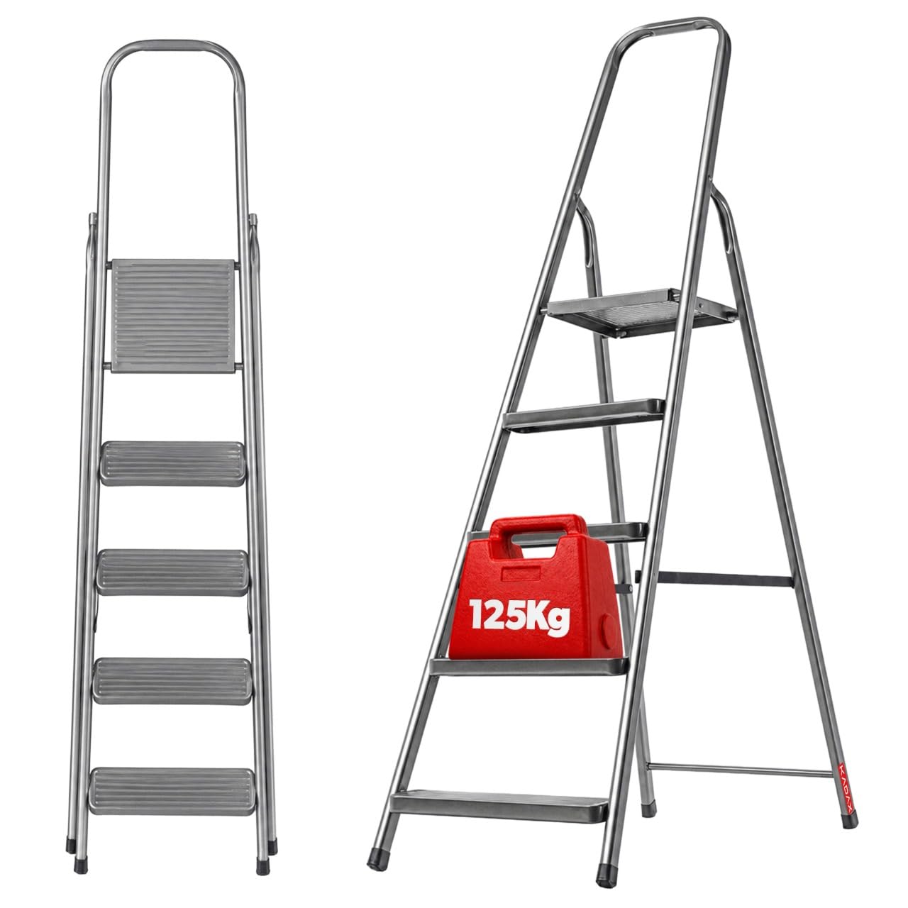 KADAX Escalera plegable de acero de 5 peldaños con patas antideslizantes y estante, escalera de un lado para el hogar y el jardín