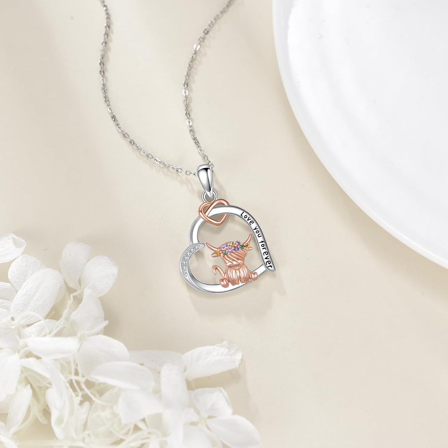 Highland Cow Necklace S925 Sterling Silver Heart Highland Cow Pendant Necklaces Animal Jewelry Gifts for Women Mom Wife - Image 3