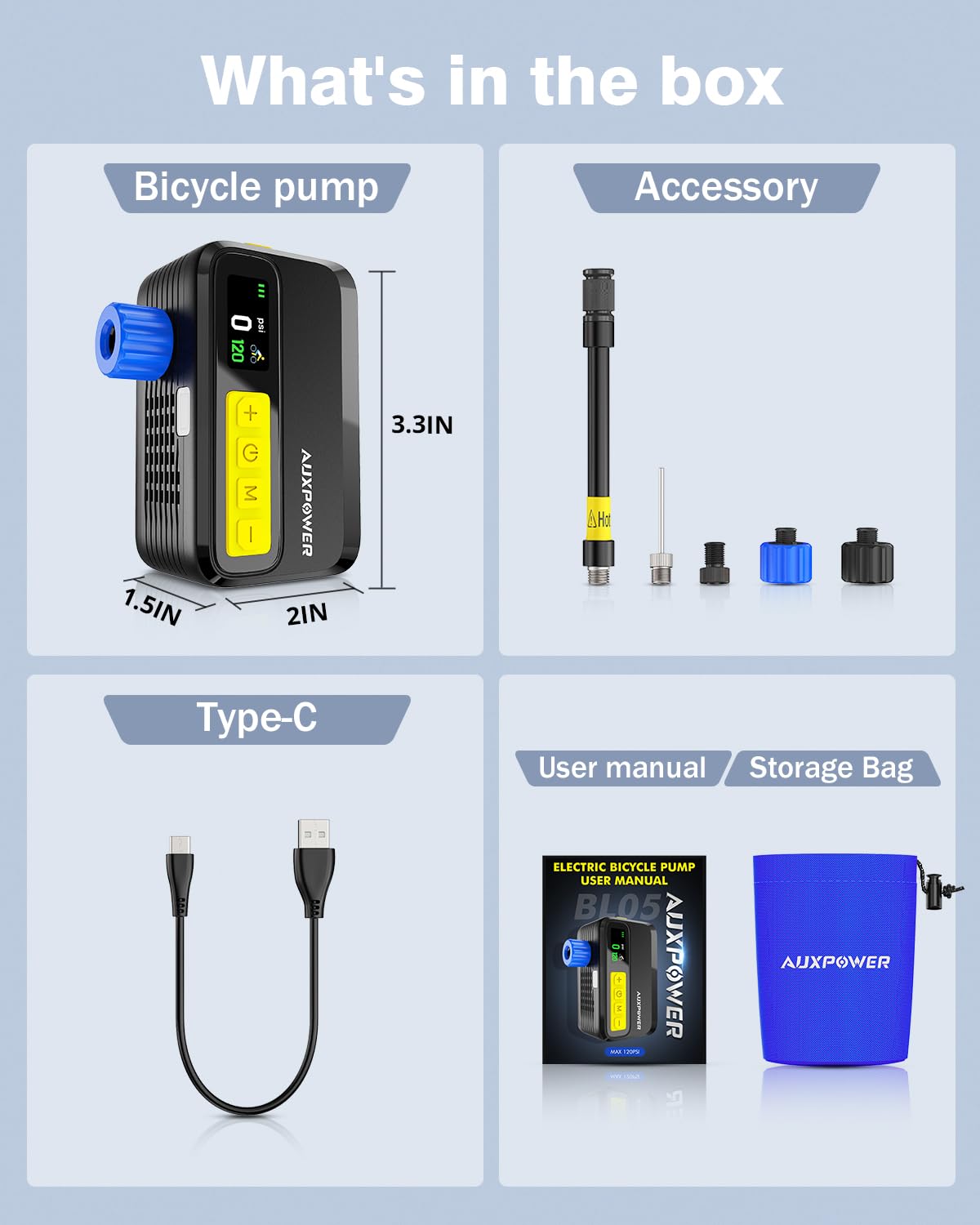 Auxpower Mini pompa elettrica per bicicletta, portatile, con manometro, 120 psi, gonfiaggio rapido, ad alte prestazioni, per pneumatici e palloni (Presta e Schrader)
