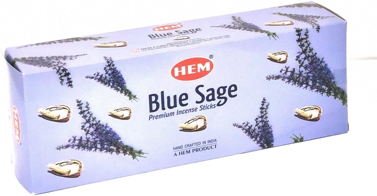 HEM Blue Sage Incense Sticks - Pack of 6 (120 Sticks) with JRose Wooden Incense Holder - Purifying and Calming Aromatherapy Fragrance