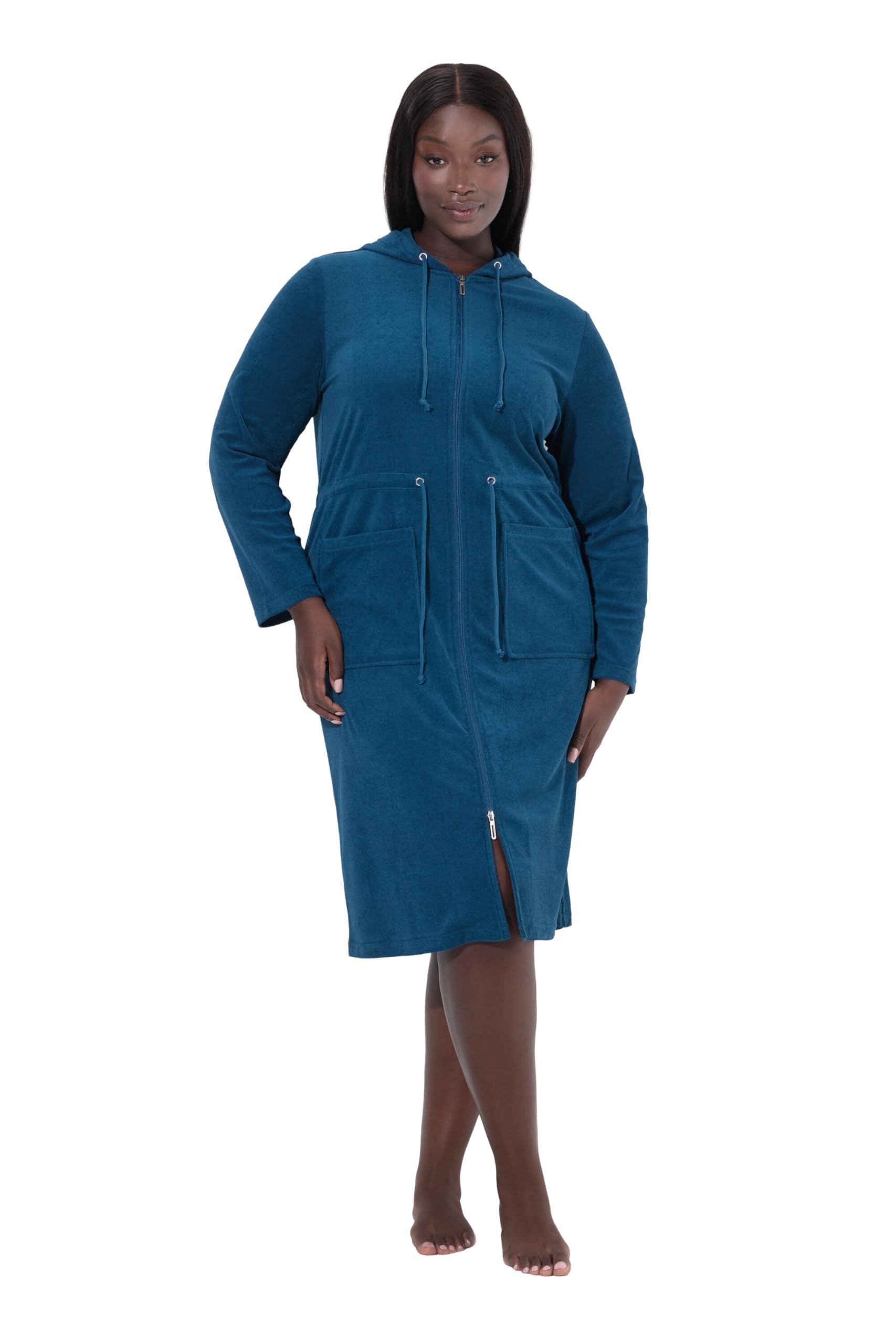 Ulla Popken Damen große Größen Übergrößen Plus Size Bademantel, 2-Wege-Zipper, Kapuze, Frottee 813366