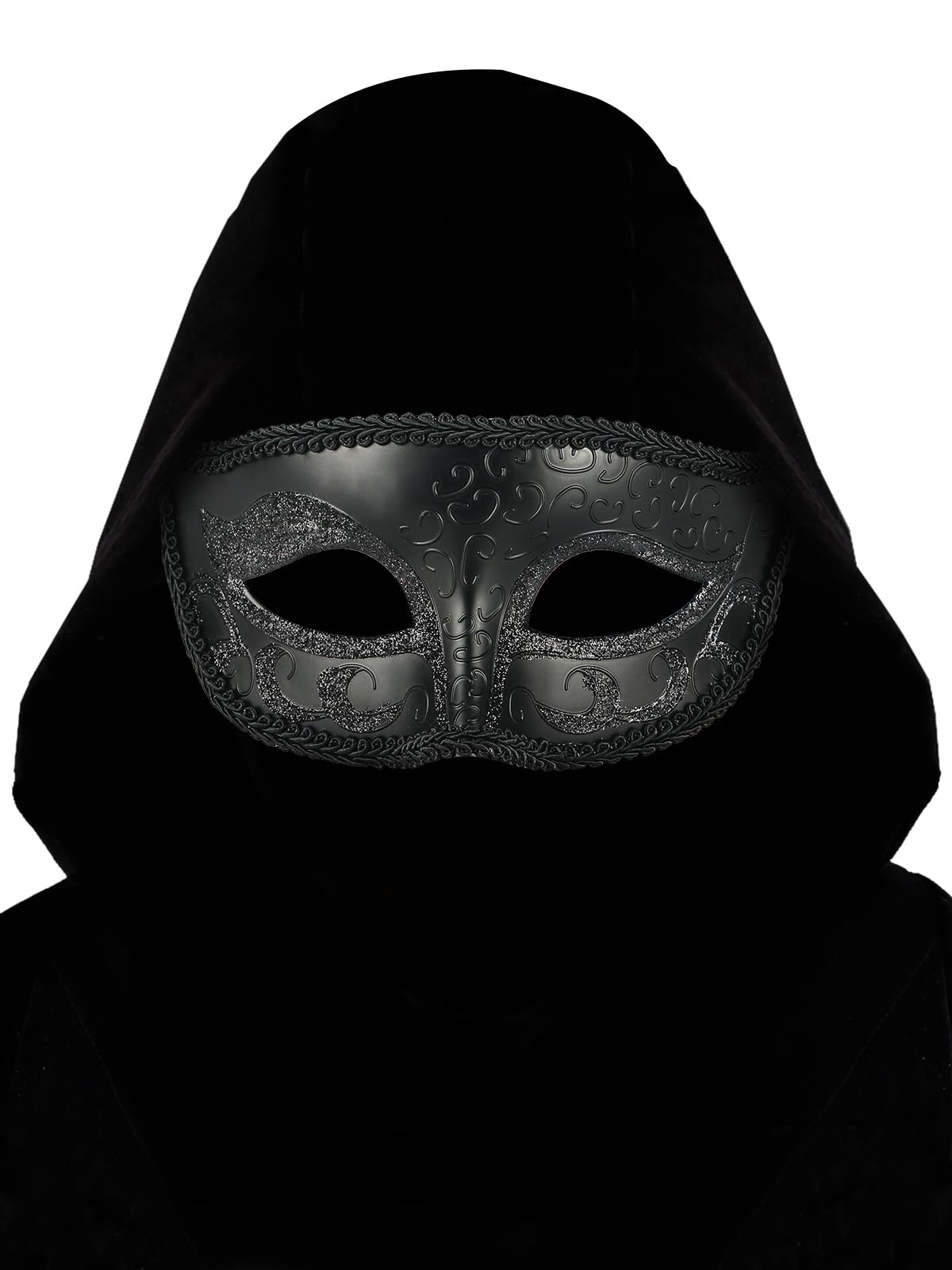 Guayma Men's Masquerade Mask with Black Cowl Hood,Venetian Mardi Gras Costume Masks For Halloween Party Prom Ball