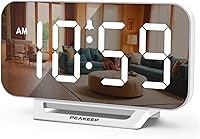 Vista 11 de Peakeep Slim Digital Mirror Aesthetic Alarm Clock for Bedrooms Desk Decor - Plug in Electric Big LED Modern Small Clock for Office Living Room, Gold