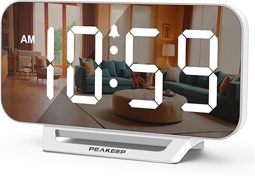 Peakeep Slim Digital Mirror Aesthetic Alarm Clock for Bedrooms Desk Decor, Plug in Electric Big LED Modern Small Clock for Office Living Room,