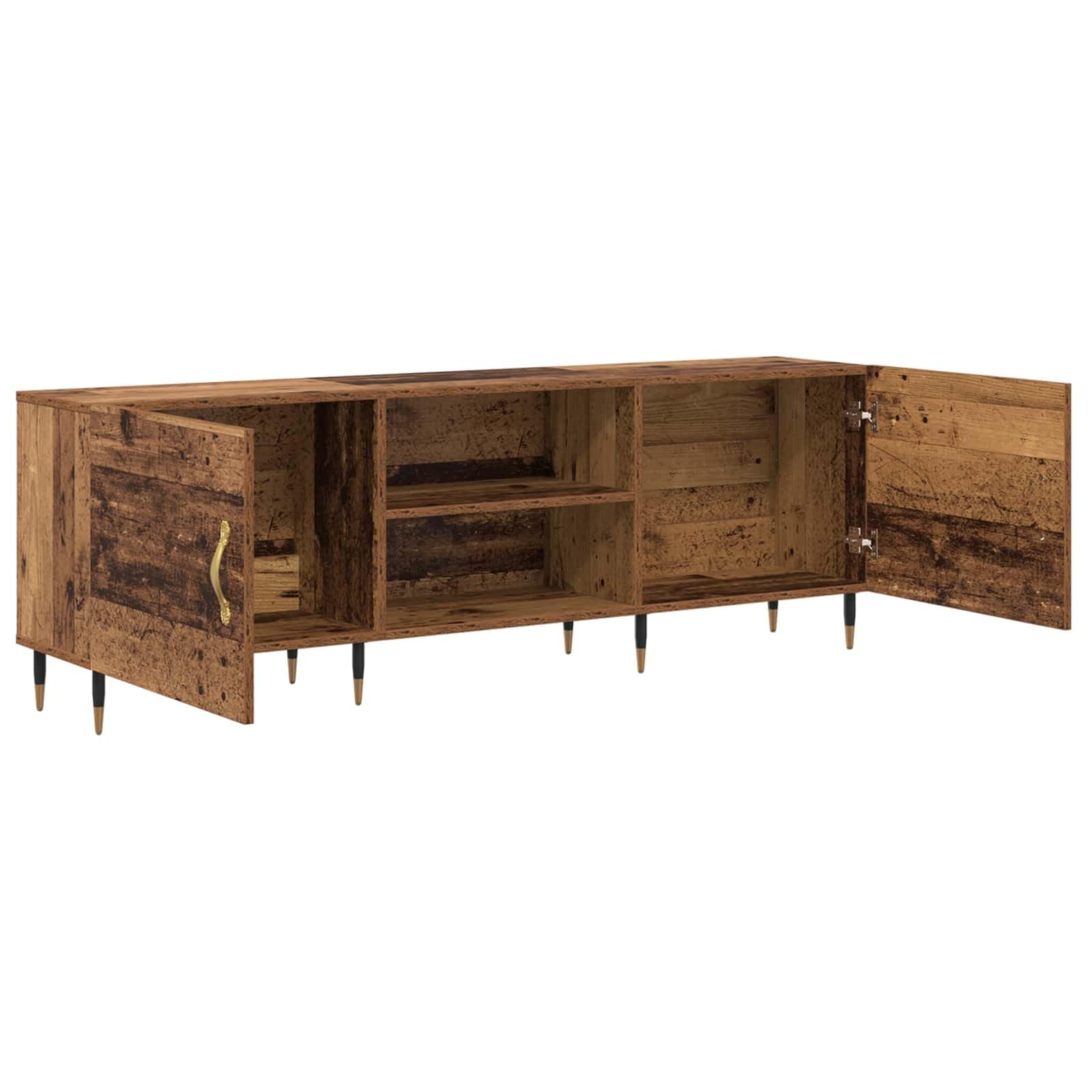 Mobile TV in legno ingegnerizzato con finitura in legno vecchio 150 x 30 x 50 cm con ante a cerniera e maniglie dorate, ideale come credenza moderna per soggiorno, camera o zona gaming