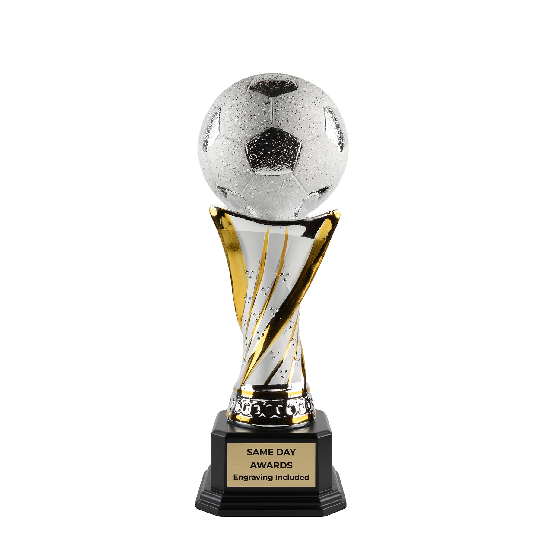 Same Day Awards Premium Ceramic Soccer Trophy – Custom Engraved Silver and Gold Award for Players Coaches Teams Leagues Tournaments Youth & Adult