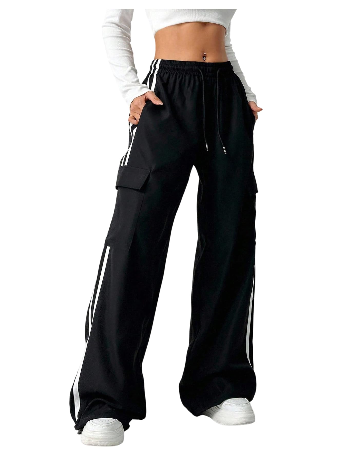 SHENHE Womens Plus Size Wide Leg Cargo Pants Drawstring Side Stripe Track Pants Trousers