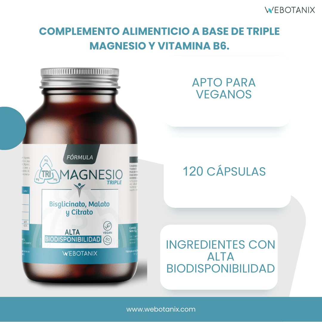 WeBotanix | Fórmula Triple Magnesio | Bisglicinato, Dimagnesio Malato y Citrato de Magnesio y Vitamina B6 | Con Vitamina B6 para Energía, Bienestar y Salud Muscular | Vegano (120 Cápsulas)